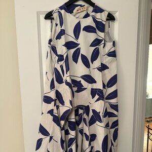 Marni S/S 2016 White and Blue Leaf Print Dress - Size 6 (IT 42)